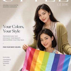 May include: A rectangular fabric color palette swatch featuring vertical stripes in pink, red, orange, yellow, green, dark blue, purple, and light blue. The text "STYLE GUIDE", "PERSONAL COLOR PALETTE", "Your Colors, Your Style", and "BRIGHT SPRING" are visible.