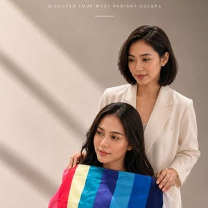 May include: A personal color analysis chart featuring the text PERSONAL COLOR ANALYSIS and DISCOVER YOUR MOST RADIANT COLORS. The chart displays vertical stripes in shades of pink, red, yellow, green, blue, navy, and white on a fabric surface.