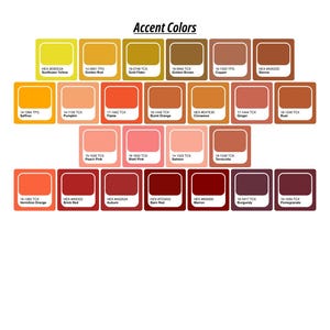 May include: A color palette chart titled Accent Colors featuring twenty-eight rectangular swatches arranged in four rows. Each swatch displays a unique shade ranging from yellow and orange to pink, red, and deep burgundy, with text labels.