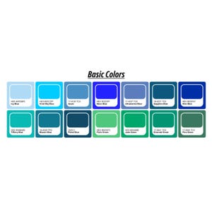 Peut inclure: Un nuancier intitulé Basic Colors présentant quatorze échantillons rectangulaires disposés sur deux rangées. Chaque échantillon affiche une nuance unique de bleu ou de vert, étiquetée avec son code HEX ou TCX et son nom de couleur.