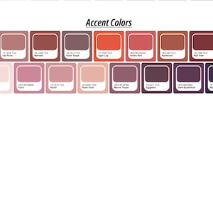 Pode incluir: Uma paleta de cores intitulada Accent Colors com quinze amostras retangulares dispostas em duas linhas. As amostras exibem vários tons de rosa, vermelho e roxo, cada uma rotulada com o nome da cor e o código correspondente.