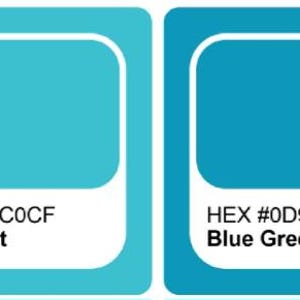 Könnte beinhalten: Zwei quadratische Farbmuster mit abgerundeten Ecken. Das linke Muster ist Cool Mint mit HEX #3CC0CF. Das rechte Muster ist Blue Green mit HEX #0D98BA. Jedes Muster zeigt einen einfarbigen Block über dem Text mit dem Farbnamen und dem Code.