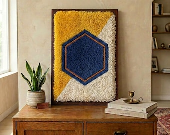 Framed Moroccan Wool Wall Art – Saffron Yellow, Navy Hexagon, Shaggy Textile, Boho Decor