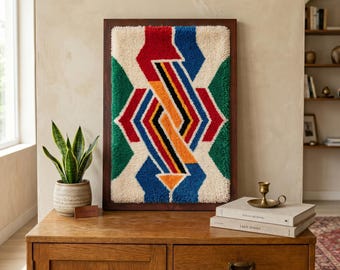 Framed Moroccan Wool Wall Art – Handwoven Symmetric Arrow Textile, Multicolor Boho Decor