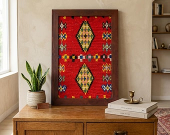 Cuadro Kilim marroquí enmarcado para pared – Textil de lana tejido a mano, decoración bohemia para el hogar