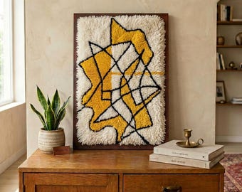 Framed Moroccan Wool Wall Art – Abstract Cubist Textile, Stained Glass Effect Decor