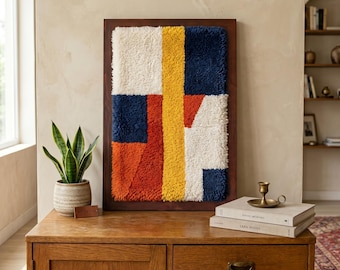 Handwoven Moroccan Wool Wall Art – Mondrian De Stijl Grid Decor, Framed Textile