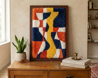 Framed Moroccan Wool Wall Art – Handwoven Abstract Patchwork Textile, Navy Orange Gold Fiber Art