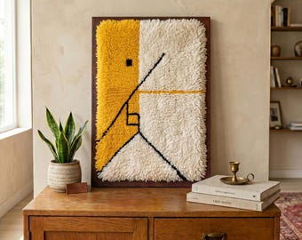 Framed Moroccan Wool Wall Art – Bauhaus Textile, Yellow Ivory Split Geometric Decor