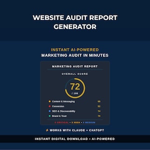 Könnte beinhalten: Dunkelblaue Grafik mit dem Text "WEBSITE AUDIT REPORT GENERATOR" und "INSTANT AI-POWERED MARKETING AUDIT IN MINUTES". Ein Marketing-Audit-Bericht zeigt eine Gesamtpunktzahl von 72/100. Der Bericht enthält Punktzahlen für Inhalt, Konvertierung, SEO und Markenvertrauen.