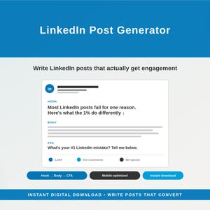 May include: A digital graphic promoting a LinkedIn Post Generator. The image features a mock-up of a LinkedIn post with the text "Most LinkedIn posts fail for one reason. Here's what the 1% do differently."