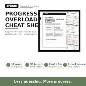 Fusklapp för progressiv överbelastning | Nybörjarguide för gym | Viktmätare för träning | Utskrivbar konditionsutveckling | Excel Google Sheets