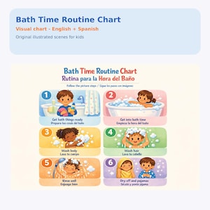 Puede incluir: Un colorido gráfico ilustrado de la rutina del baño para niños, con texto en inglés y español. El gráfico muestra seis pasos, incluyendo prepararse, lavarse y secarse.