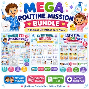Könnte beinhalten: Ein farbenfrohes "Mega Routine Mission Bundle"-Grafik mit Cartoon-Kindern, Zahnbürsten und einem lächelnden Zahn. Enthält "Brush Teeth Mission Pack" und "Bath Time Mission Pack" mit Diagrammen und druckbaren Seiten. Text enthält "Everything Included".