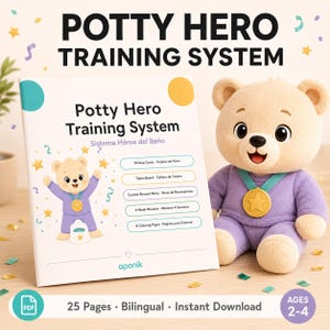 Op de afbeelding: Een zindelijkheidstraining systeem voor kinderen met een knuffelbeer en een boek getiteld "Potty Hero Training System". Het boek bevat 10 stappenkaarten, een tokenbord en 8 kleurplaten. Geschikt voor kinderen van 2-4 jaar.