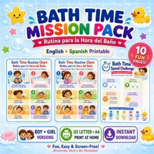 Könnte beinhalten: Ein farbenfrohes, druckbares "Bath Time Mission Pack" mit englischen und spanischen Anweisungen. Enthält eine Routine-Tabelle und eine Speed-Challenge mit Illustrationen von Kindern und Badeaktivitäten.
