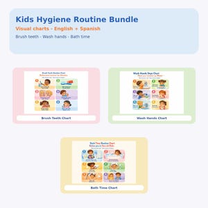 Puede incluir: Un paquete de rutina de higiene para niños con gráficos visuales en inglés y español. El paquete incluye gráficos para cepillarse los dientes, lavarse las manos y la hora del baño. Cada gráfico tiene seis pasos ilustrados.