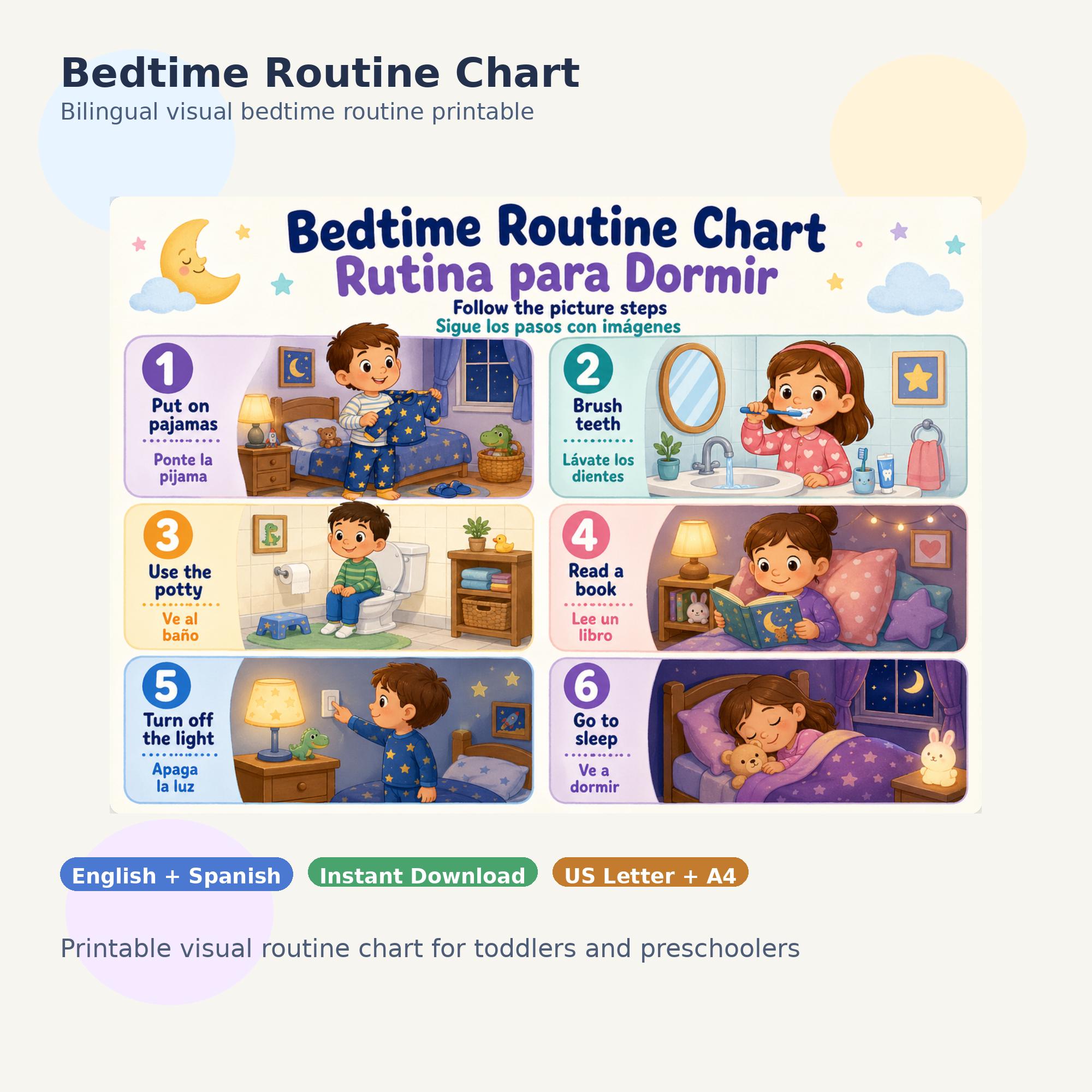 Bedtime Routine Chart for Kids | Bilingual Visual Sleep Routine ...