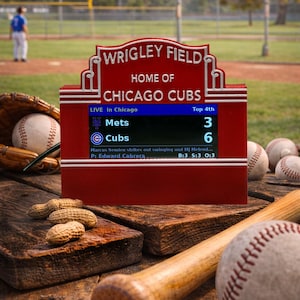 Peut inclure: Un panneau rouge de Wrigley Field avec des bordures blanches affiche un score de baseball en direct : Mets 3, Cubs 6. Le panneau est sur une surface en bois avec des balles de baseball, une batte et des cacahuètes.