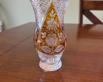 Bohemian Amber Etched Glass Vase