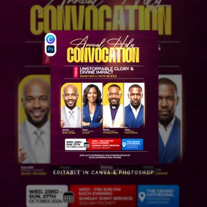 Peut inclure: Un dépliant numérique pour une Annual Holy Convocation présentant quatre personnes en tenue professionnelle. Le texte inclut le titre de l'événement, le thème Unstoppable Glory & Divine Impact, les dates du 23 au 27 octobre 2024 et le lieu.