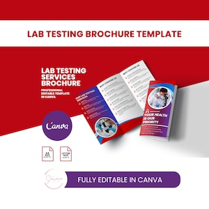 Könnte beinhalten: Eine Broschürenvorlage für Labortestdienste. Das Design zeigt einen roten und weißen Hintergrund mit dem Text "LAB TESTING BROCHURE TEMPLATE". Die Broschüre ist vollständig in Canva bearbeitbar.