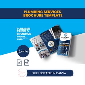 Op de afbeelding: Een drieluik brochure sjabloon voor loodgietersdiensten in blauw en wit. Het ontwerp bevat secties voor diensten, een belofte en een logoplaatsaanduiding. De tekst bevat Plumbing Services Brochure Template, Plumber Trifold Brochure en Plumbing Solutions For Your Home & Business.