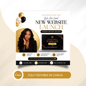Modello Canva modificabile per il lancio di un sito web, annuncio aziendale nero e oro (download digitale)