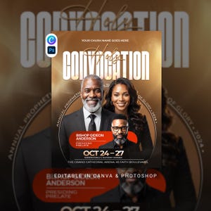 Peut inclure: Un dépliant numérique pour un événement Holy Convocation montrant trois personnes en tenue formelle. Le texte indique Holy Convocation, Bishop Gideon Anderson, Presiding Prelate, Oct 24-27, 6:00PM Daily, Sunday 9:00AM, et The Grand Cathedral Arena, 45 Faith Boulevard.