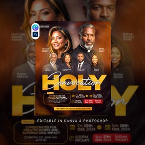Puede incluir: Un folleto digital para un evento de Holy Convocation con retratos de seis personas. El texto dice Holy Convocation, Consecrated for Greater Works and Supernatural Impact, oct. 2024 y The Grand Cathedral Arena, New York. Diseño editable.