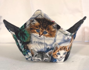 Reversible Cotton Bowl Cozy – Cat Print, Microwave-Safe, Handmade Kitchenware
