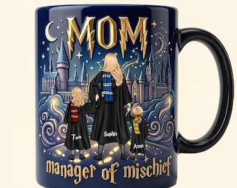 Taza personalizada para mamá, taza con nombres personalizados para niños de la escuela de magia, taza de café para mamá "la jefa de las travesuras", regalo para mamá, regalo del Día de la Madre