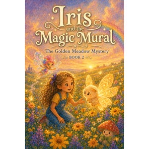 May include: A book cover titled Iris and the Magic Mural, The Golden Meadow Mystery Book 2. The illustration features a young person with curly hair in blue overalls kneeling in a field of colorful flowers, interacting with a small winged creature.