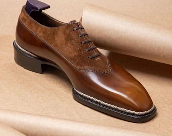 Bespoke Brown Suede and Leather Dress Shoes for Men, Men Wedding Shoes, Goodyear welt