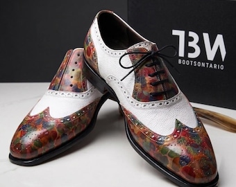 Zapatos de vestir de cuero multicolor hechos a mano para hombre, zapatos de diseñador con puntera alada, estilo de las celebridades italianas.