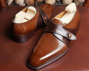 Scarpe eleganti da uomo su misura bicolore con fibbia, scarpe formali da matrimonio, costruzione Goodyear welt