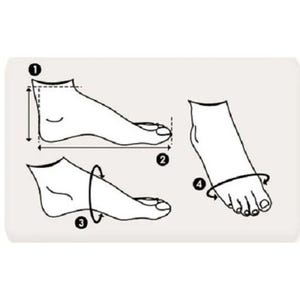 May include: White diagram showing foot measurement points. The diagram illustrates four numbered measurement points around a foot, including length, width, and circumference, for shoe sizing.