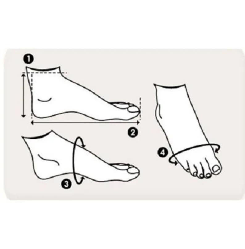 May include: White diagram showing foot measurement points. The diagram illustrates four numbered measurement points around a foot, including length, width, and circumference, for shoe sizing.