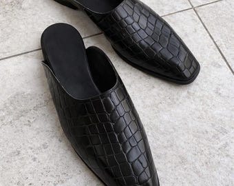 Handmade Black Leather Crocodile Textured Mule For Men, Men Slip On