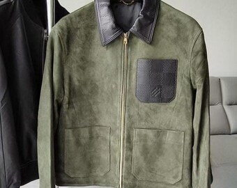 Handmade Olive Suede Leather Jacket Men, Zipper Collar Jacket