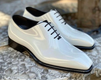 Bespoke White Patent Leather Oxford for Men, Men Wedding Shoes, Goodyear welt