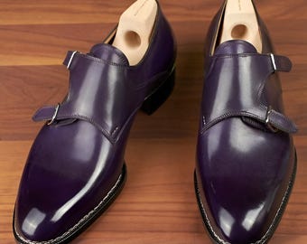 Handmade Purple Double Monk Dress Shoes Men, Formal Wedding Shoes, Goodyear welt