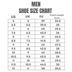 May include: A men's shoe size chart displaying US, UK, and EU sizes. It includes foot lengths in centimetres, from 24.5 cm to 30.5 cm. The chart is headed with the text "MEN SHOE SIZE CHART".