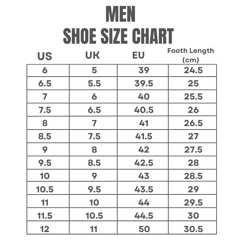 May include: A men's shoe size chart displaying US, UK, and EU sizes. It includes foot lengths in centimetres, from 24.5 cm to 30.5 cm. The chart is headed with the text "MEN SHOE SIZE CHART".