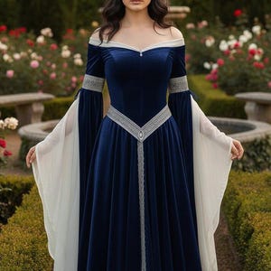 celtic blue wedding dress Celtic Blue Wedding Dress, Off Shoulder Long Sleeve Gown, Handmade