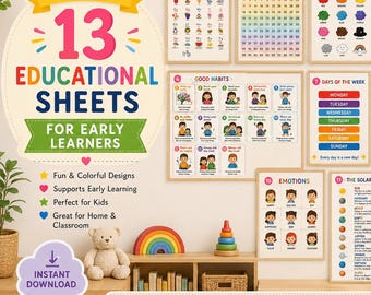13 Lernbögen zum Frühlernen, Alphabet, Zahlen, Formen (Digitaler Download)