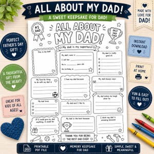 Puede incluir: Una hoja de cuestionario imprimible titulada All About My Dad con secciones para completar, rodeada de etiquetas decorativas circulares y rectangulares con texto como Instant Download, un corazón de lana azul y lápices de colores.