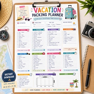 May include: A vacation packing planner checklist on a clipboard with sections for clothing, toiletries, essentials, electronics, beach items, health, kids, and miscellaneous. The document features colorful icons, travel-themed graphics, and text.