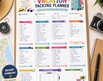 Lista de verificación para planificar el equipaje de vacaciones, organizador de viajes (PDF tamaño A4, 8.5x11)