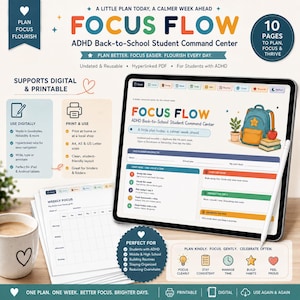 Könnte beinhalten: Ein digitaler ADHD-Schüler-Planer namens Focus Flow auf einem Tablet-Bildschirm mit Eingabestift. Die Benutzeroberfläche enthält Hyperlink-Registerkarten, Aufgabenlisten und farbenfrohe Symbole. Gedruckte Versionen der Planerseiten sind sichtbar.